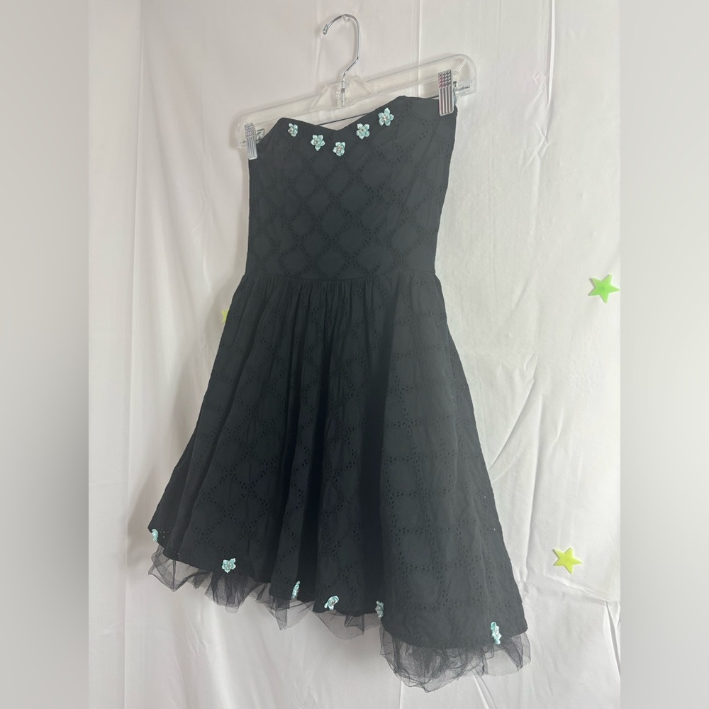 Y2K Strapless Dark Fairy Tulle Mini Dress with Blue Flower Embellishments Size S - Picture 16 of 16